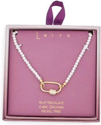 Leith Cubic Zirconia & Faux Pearl Carabiner Necklace in Clear- White- Gold at Nordstrom Rack