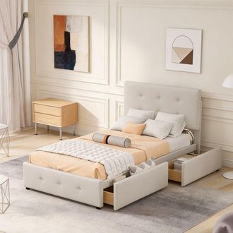 OEM Cama Litera Simple - Nexu - 90 X 200 Cm - Terciopelo Beige - Con Somier Y 2 Cajones