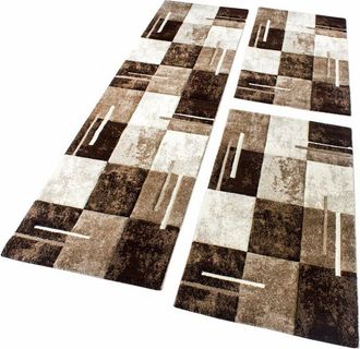 Paco Home Paco Home - Alfombra Pie De Cama M&aacute;rmol Dise&ntilde;o Cuadros Marr&oacute;n Beis Crema Juego 3 Unidades 2x 60x110 1x 80x300