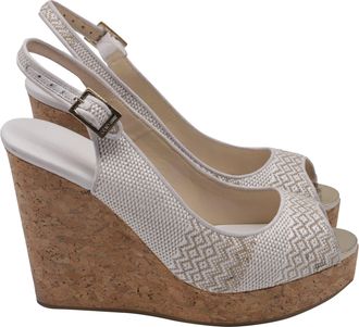 Jimmy Choo London Slingback Peep Toe Wedges Sandals in White Raffia