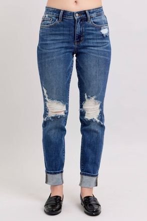 Judy Blue Distressed Knit Boyfriend Cuffed Jean In Dark Wash