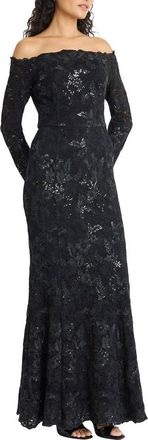 Maggy London Embellished Off the Shoulder Long Sleeve Gown in Black at Nordstrom, Size 0