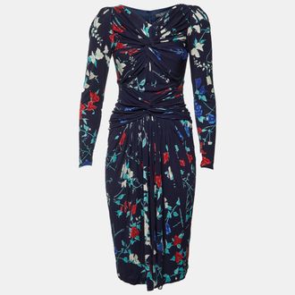 Ferragamo Navy Blue Floral Print Crepe Ruched Midi Dress