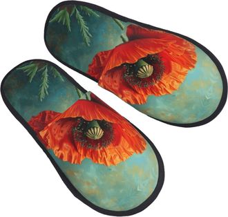 Generic Fluffy House Slipper Poppies flower print Fluffy Slipper Warm Womens Slippers for Indoor Bedroom Travel L