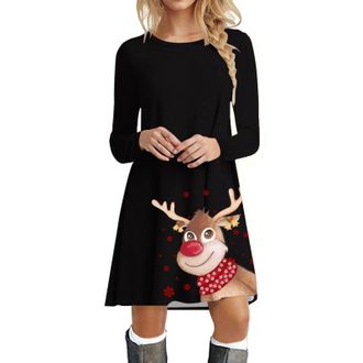 Generic Christmas Jumper Dress for Women UK Cute Reindeer Santa Xmas Tops Long Sleeve O Neck Pullover Sweater Plus Size Long Sweatshirt Christmas Elf Outfits 