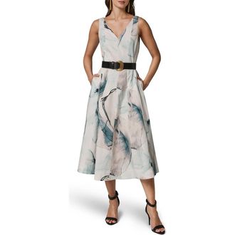 DKNY Belted A-Line Midi Dress in Skylight Multi at Nordstrom, Size 10