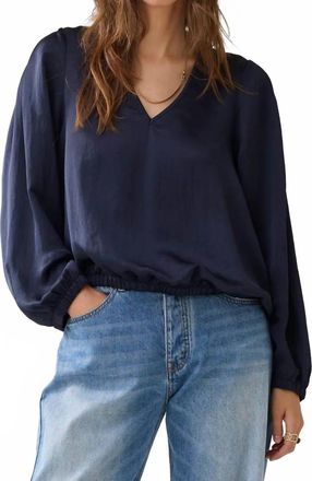 Summum Shiny V-Neck Top In Midnight Blue