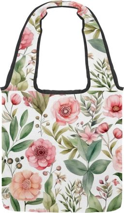 Generic Pink Flowers with Leaves Reversible Canvas Shoulder Tote - Double-Sided Print, 12oz Cotton, 27cm Drop, Fold-Flat Bag for Travel, Shopping, Street Outi