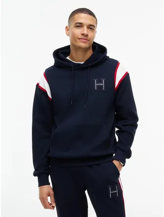 Tommy Hilfiger Mens H-Logo Patch Pique Hoodie - Navy Blue - XL