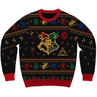 Mad Engine Harry Potter Hogwarts Houses Holiday Christmas Sweater Licensed, Black, XL