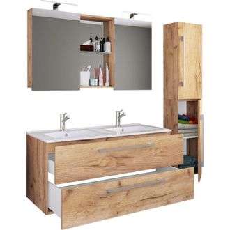 ebuy24 Vcm 4 Unids Lavabo Doble 2x Lavabo Juego De Muebles De Ba&ntilde;o Con Gabinete Inferior, Lavabo, Gabinete Alto Y Armario De Espejo Lavabo Doble Set Completo