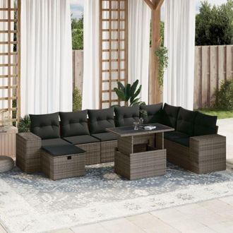 vidaXL Set De Muebles De Jard&iacute;n 9 Pzas Y Cojines Rat&aacute;n Sint&eacute;tico Gris Vidaxl