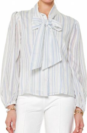 Current Air Womens Puffed Sleeve Tie Neck Shirt In White Blue Stripe