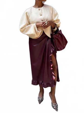 Never Fully Dressed Vegan Leather Ruffle Jaspre Midi Skirt In Burgundy