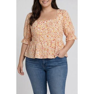 Liverpool L.A. Floral Print Peplum Top in Pristine Multi at Nordstrom, Size 2X