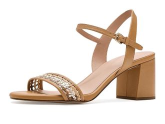 Cole Haan Josie Block Heel Womens Dress Sandals Biscuit Leather/Neutral Woven : 10.5 B - Medium, Leather/Textile