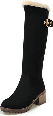 Generic Eestfy Womens Knee High Winter Boots Suede Sherpa Lining Chunky Block Heel Gold Buckle Lug Sole Platform Side Zip Travel Outdoor Walking Cold Weather 