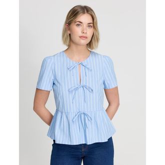 Finery Bridie Stripe Cotton Tie Front Top in Blue Stripe at Nordstrom, Size 14