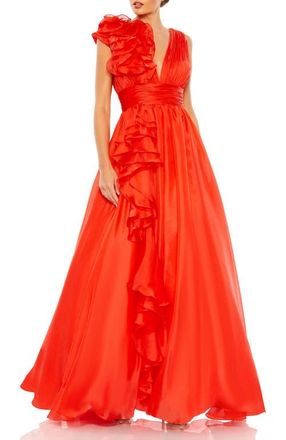 Mac Duggal Ruffle Shoulder V-Neck Chiffon Gown in Cherry at Nordstrom, Size 12