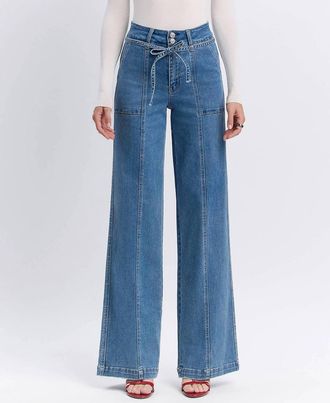 Flying Monkey Super High Rise Tie Waistband Wide Leg Jeans In Lush Life