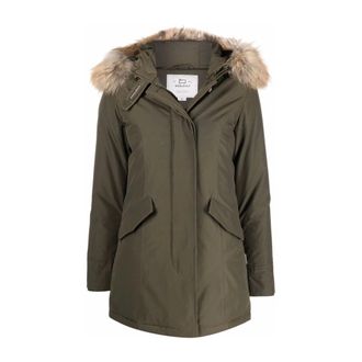 Woolrich Jassen, Dames, Groen, L, Leer, Gewatteerde jas met capuchon en bontrand