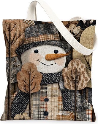 Generic Winter Snow Man Canvas Tote Bags, Rustic Snow Man Pattern Reusable Bags, Cozy Vintage Lightweight Washable Shoulder Strap C, Brown, 13x15 Inch