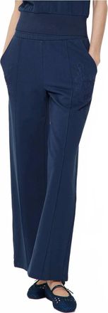 Current Air Embroidered Wide Leg Drawstring Pants In Dark Navy