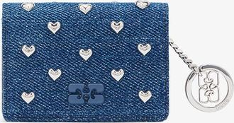 Ganni Blue Bou Card Holder With Flap Heart Studs in Denim