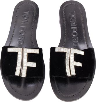 Tom Ford black velvet silver big crystal TF embellished flat sandals