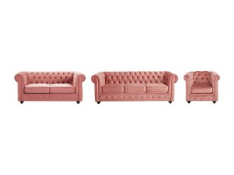 Vente-Unique Sof&aacute;s de 3 plazas, 2 plazas y sill&oacute;n de terciopelo rosa pastel CHESTERFIELD