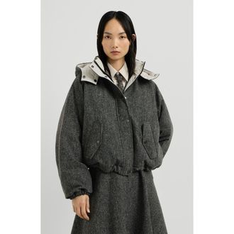 Brunello Cucinelli Virgin wool donegal down jacket with detachable hood and shiny zipper pull in Anthracite at Nordstrom, Size 44