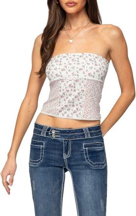 Edikted Floral Pointelle Tube Top in Cream at Nordstrom, Size X-Small