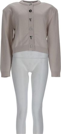 Rotate Cropped Cardigan With Vertical Logo Detailing In Neutral Tones