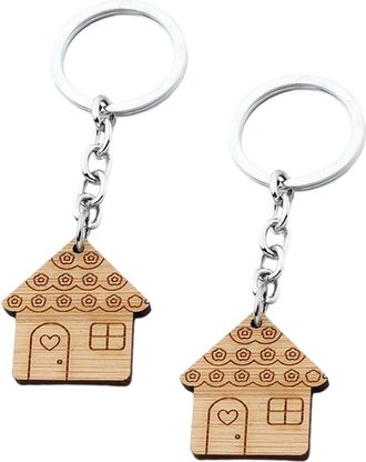 Supvox 2pcs Cute Wooden House Keychains with Heart Pendant, Fun Wood Key Rings for House Keys, Car and Backpack Accessories, Couples Keychain Set for Home Us