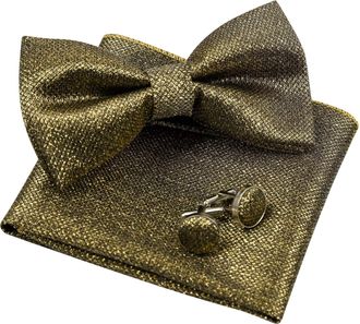 Alizeal Solid Pre-tied Bow Tie Cufflinks Hanky Set for Men Neck Wear, Black Gold