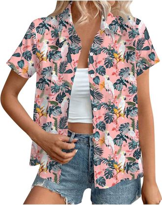 Generic Hawaiian Button Down Shirts Women Sale,Summer Floral Printed Short Sleeve Blouses 2025 Trendy Loose Lapel Soft Cool Beach Vacation Tops Boho Going Out