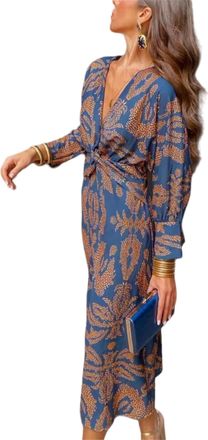 Generic Long Sleeve Boho Dress,Floral Print Retro V Neck Cocktail Party Beach Maxi Wedding Dresses for Women (Dark Blue,2XL)
