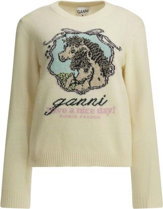Ganni Maglione girocollo Horses - - Knitwear - Donna - Bianco - 2XS