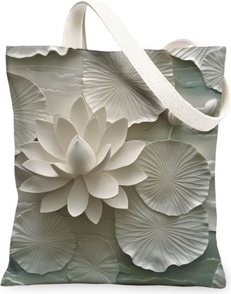 Generic Spring Relief Water Lily pad Canvas Tote Bag for Shopping 13x15, Cute Luxury Floral Reusable Grocery Print Bag for Women, Garden Cool Beach Aesthetic 