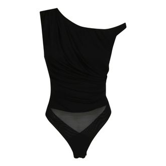 Elisabetta Franchi Body, female, Black, Size: M Jersey Bodysuit with Jewel Shoulder Detail