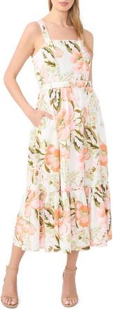 CeCe by Cynthia Steffe Floral Print Smocked Back Sleeveless Midi Dress in New Ivory at Nordstrom, Size 10