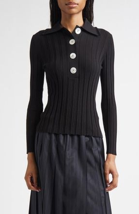 Nackiy&eacute; Sugarman Rib Wool Merino Polo Sweater in Noir at Nordstrom, Size Small