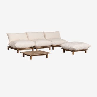Sklum Conjunto De Sal&oacute;n Con Sof&aacute; Modular Reclinable De 3 Piezas, Mesa De Centro Y Puff En Madera De Acacia Brina Sklum