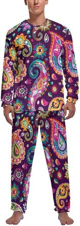 Generic Colorful Paisley Flowers Mens Pajama Set Comfy Pj Sets Long Sleeve Shirts And Bottoms Soft Sleepwear Loungewear Sleep Sets 2XL