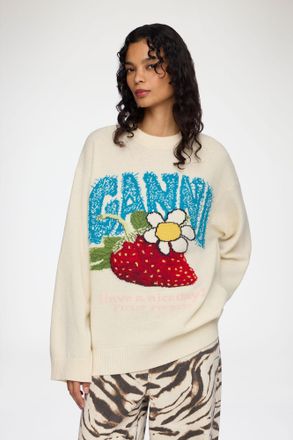 Ganni White Oversized Jumper with Strawberry