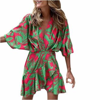 Generic Womens Floral Dress with Irregular Hem, Elegant Slim Chiffon Floral Dress with Batwing Sleeves Tunic Women, Green, M