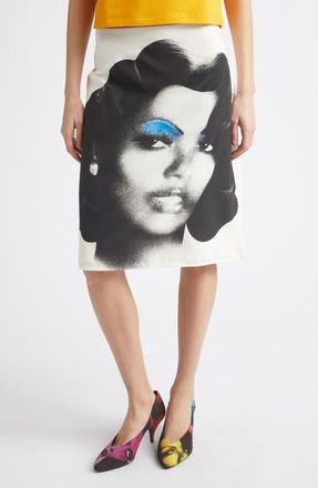 Versace Print Silk Poplin Skirt in White Black Light Blue at Nordstrom, Size 40