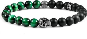 Crucible Jewelry Single Skull Stretch Bracelet with 8mm Matte Black Onyx and Green Tiger Eye Beads