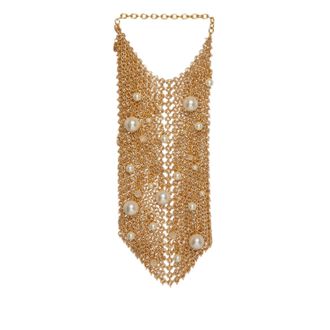 Silvia Gnecchi Gold-Plated Brass Bag With Pearl Embellishments And Intricate Mesh Design