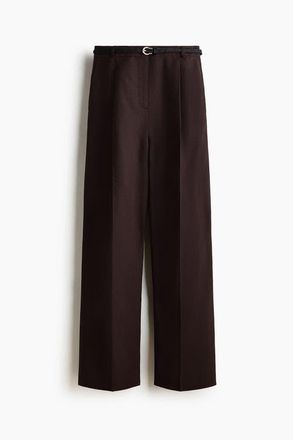 H&M Belted Linen-blend Trousers in Dark Brown at Nordstrom, Size 14